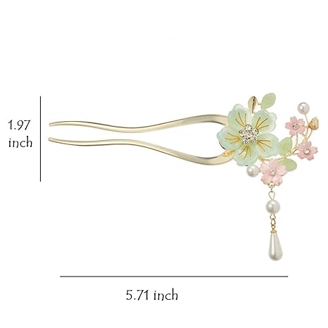 Ancient Style Elegant Flower Tassel Hairpin, Vintage Floral Hair Pin, Mint Green and Pink Flowers with Pearl Tassel