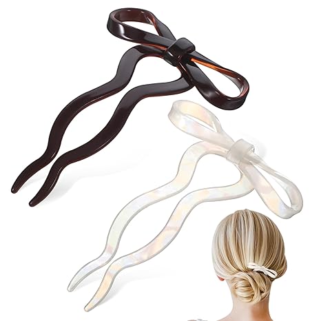 Hair Pin Bow Hairpin U Shaped Hairpins French Twist Wavy Hair Clips Bun Sticks Acetate Hair Fork Hair Accessories for Women Styling Thin Thick Hair - 2 Pack