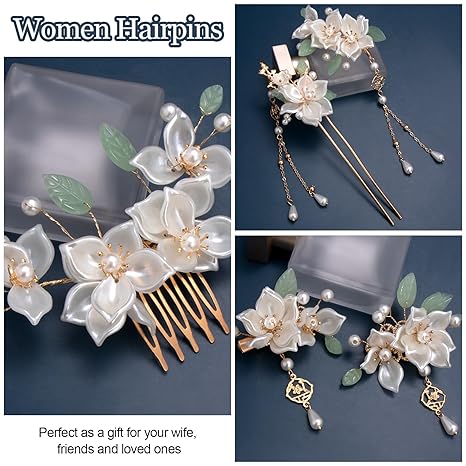 5PCS Camellia Flower Tassels Hairpin, Crystal Rhinestone Pearl Hair Clips Headpiece Retro Wedding Brides Hair Accessories Jewelry for Women Girls Updo Long Hair
