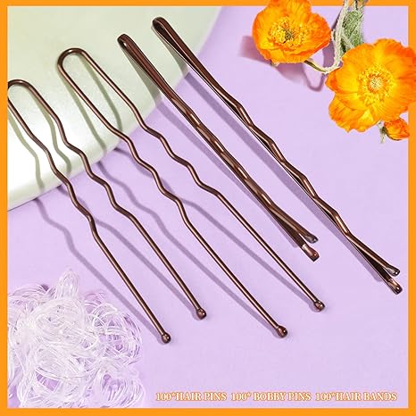 Teenitor 300pcs Bobby Pins Hair Pins Kit - 100 Brown, 100 U Shape, 100 Hair Bands - 2inch, 2.36inch, 2.75inch Pins for Women's Buns