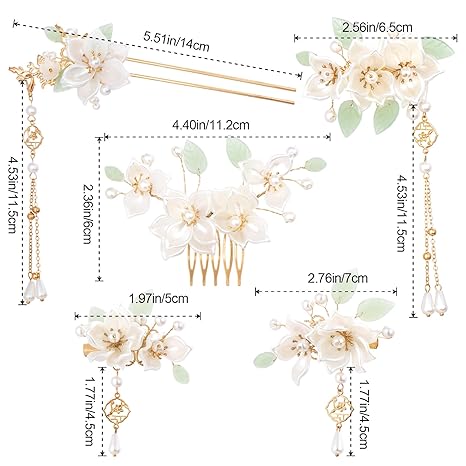 5PCS Camellia Flower Tassels Hairpin, Crystal Rhinestone Pearl Hair Clips Headpiece Retro  Wedding Brides Hair Accessories  Jewelry for Women Girls Updo Long Hair