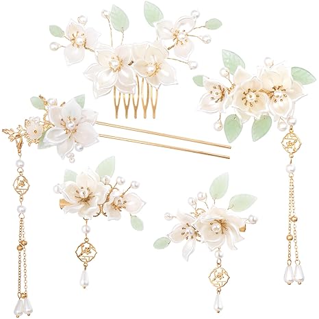 5PCS Camellia Flower Tassels Hairpin, Crystal Rhinestone Pearl Hair Clips Headpiece Retro Wedding Brides Hair Accessories Jewelry for Women Girls Updo Long Hair