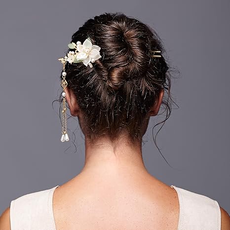 5PCS Camellia Flower Tassels Hairpin, Crystal Rhinestone Pearl Hair Clips Headpiece Retro Wedding Brides Hair Accessories Jewelry for Women Girls Updo Long Hair