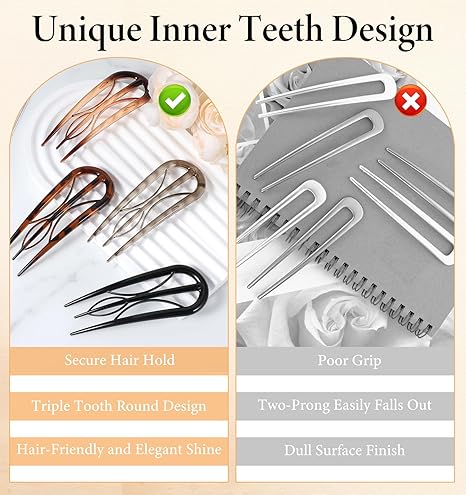 Hairpins Hair for Women Fine Thin Hair, 4 Pcs Large French Hair Pin, Plastic French Twist Pin with 3 Inner Teeth Design for Women