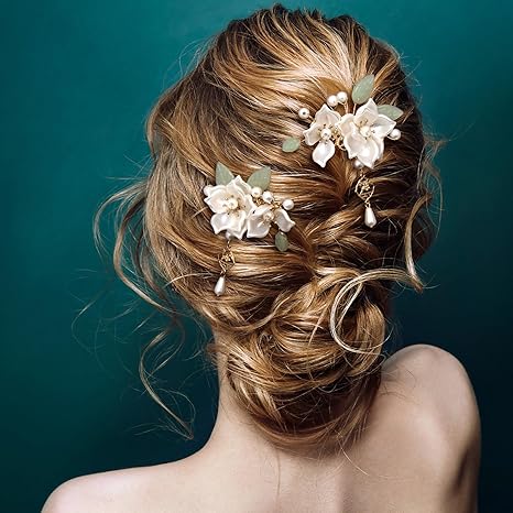 5PCS Camellia Flower Tassels Hairpin, Crystal Rhinestone Pearl Hair Clips Headpiece Retro Wedding Brides Hair Accessories Jewelry for Women Girls Updo Long Hair