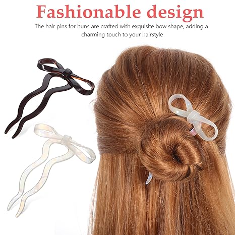 Hair Pin Bow Hairpin U Shaped Hairpins French Twist Wavy Hair Clips Bun Sticks Acetate Hair Fork Hair Accessories for Women Styling Thin Thick Hair - 2 Pack