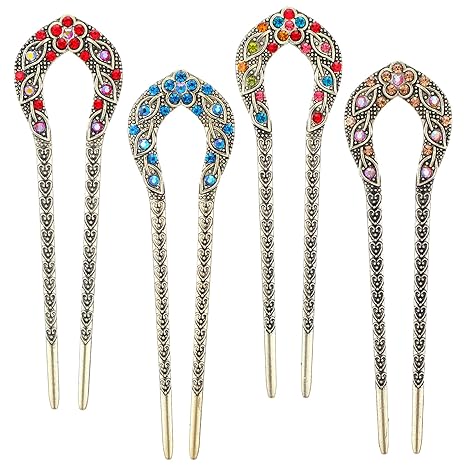 4Pcs French Hair Pins Clips for Women, 4.9‘’ Vintage Metal U-Shaped Hair Fork Stick with Rhinestone Crystal French Long Hair Hairstyle Accessories