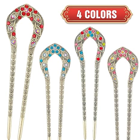 4Pcs French Hair Pins Clips for Women, 4.9‘’ Vintage Metal U-Shaped Hair Fork Stick with Rhinestone Crystal French Long Hair Hairstyle Accessories