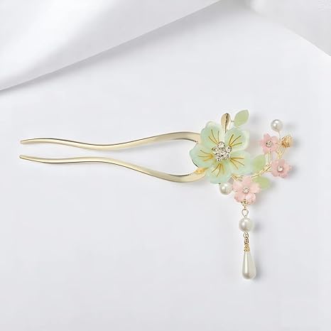 Ancient Style Elegant Flower Tassel Hairpin, Vintage Floral Hair Pin, Mint Green and Pink Flowers with Pearl Tassel