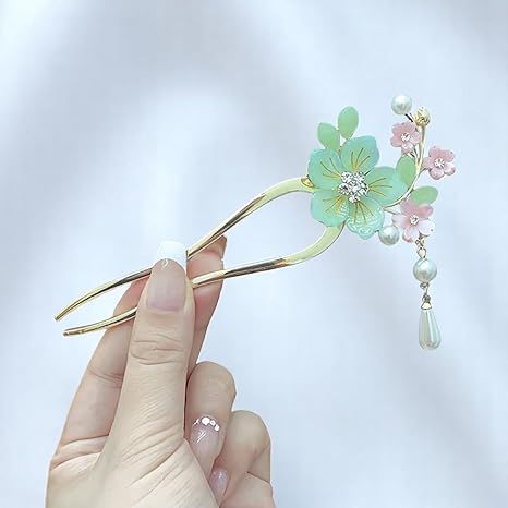 Ancient Style Elegant Flower Tassel Hairpin, Vintage Floral Hair Pin, Mint Green and Pink Flowers with Pearl Tassel