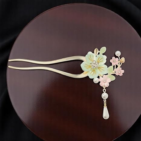 Ancient Style Elegant Flower Tassel Hairpin, Vintage Floral Hair Pin, Mint Green and Pink Flowers with Pearl Tassel