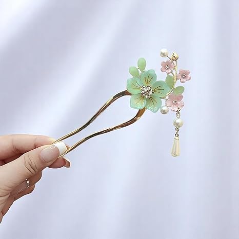 Ancient Style Elegant Flower Tassel Hairpin, Vintage Floral Hair Pin, Mint Green and Pink Flowers with Pearl Tassel