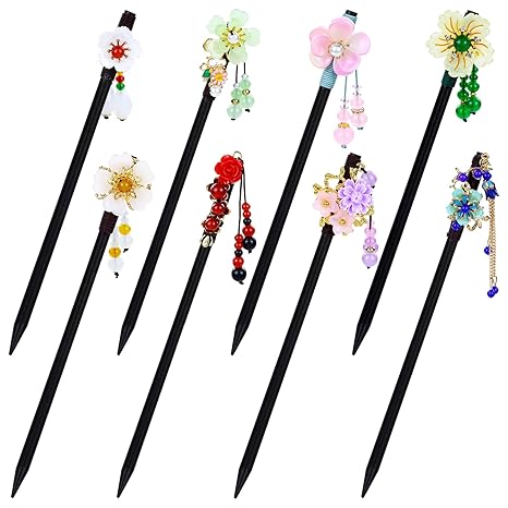 8 Pieces Vintage Retro  Flower Wooden Hair Sticks with Bead Pendants Hair Pins Forks Chopsticks Headpieces for Women Girls Teens Buns Updos
