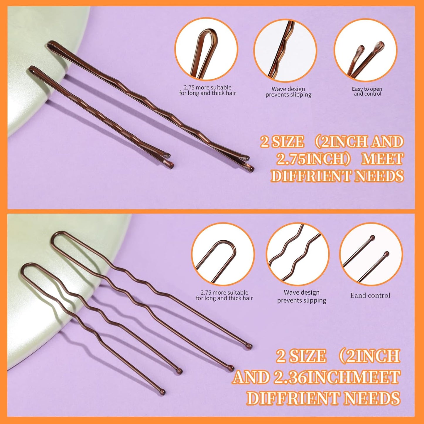 Teenitor 300pcs Bobby Pins Hair Pins Kit - 100 Brown, 100 U Shape, 100 Hair Bands - 2inch, 2.36inch, 2.75inch Pins for Women's Buns
