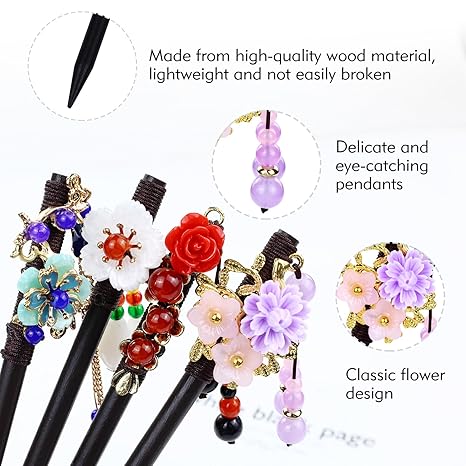 8 Pieces Vintage Retro  Flower Wooden Hair Sticks with Bead Pendants Hair Pins Forks Chopsticks Headpieces for Women Girls Teens Buns Updos