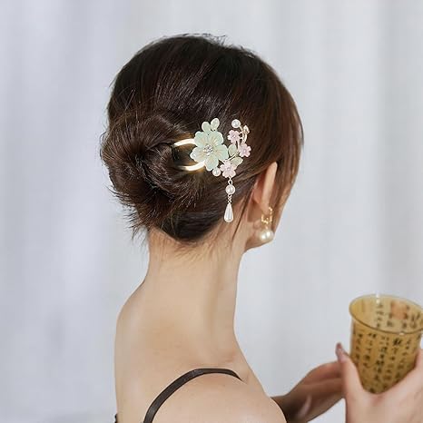 Ancient Style Elegant Flower Tassel Hairpin, Vintage Floral Hair Pin, Mint Green and Pink Flowers with Pearl Tassel