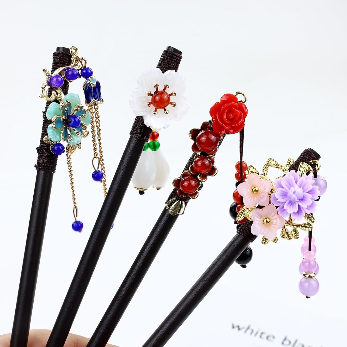 8 Pieces Vintage Retro  Flower Wooden Hair Sticks with Bead Pendants Hair Pins Forks Chopsticks Headpieces for Women Girls Teens Buns Updos