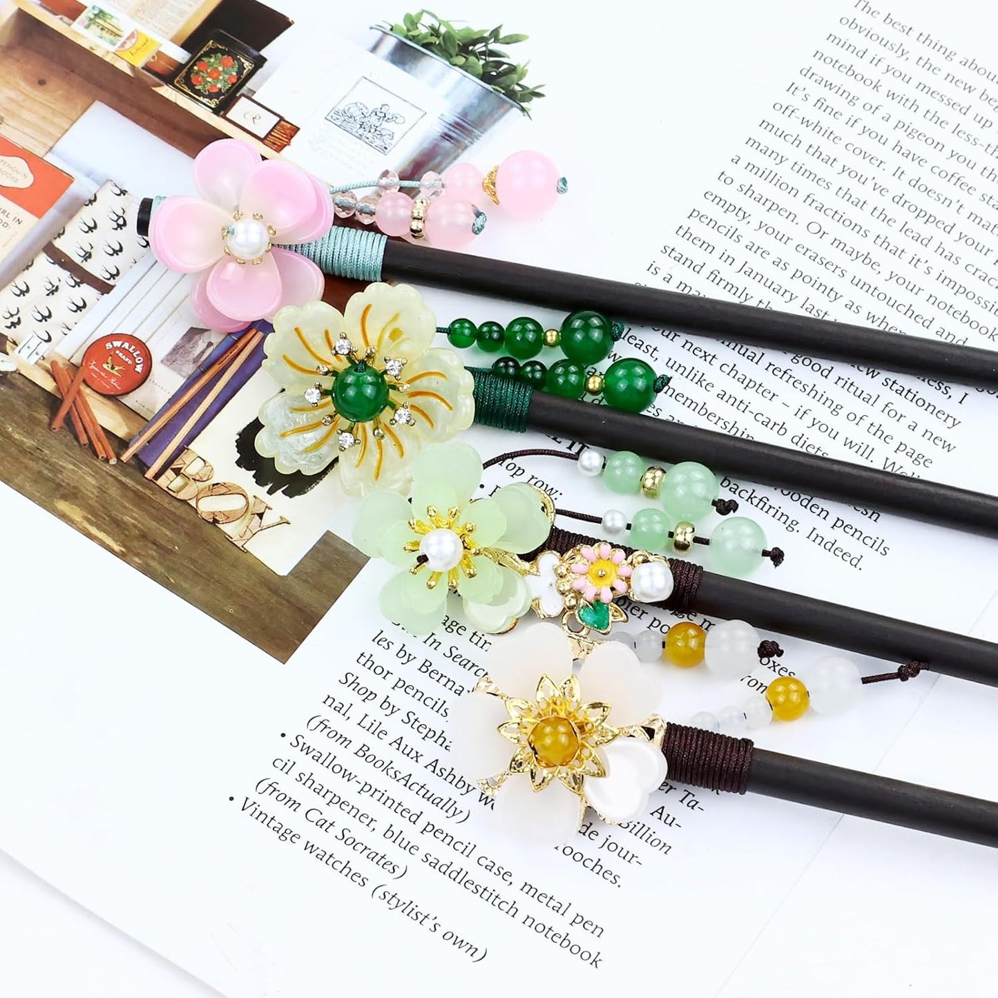 8 Pieces Vintage Retro  Flower Wooden Hair Sticks with Bead Pendants Hair Pins Forks Chopsticks Headpieces for Women Girls Teens Buns Updos